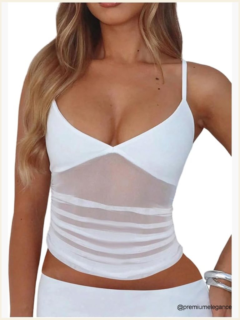 Sheer Mesh Ruched V Neck Spaghetti Strap Crop Tank Top